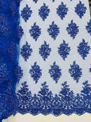 Heavy Beaded Floral Fabric - Royal Blue - Luxury Heavy Duty Bead Bridal Floral Cluster Lace Fabric by the yard