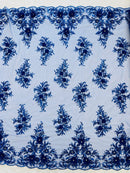 3D Floral Rhinestone Fabric - Royal Blue - Beaded Flower Clusters with Rhinestones and Sequins By Yard