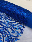 Floral Beaded Wavy Fabric - Royal Blue - Beaded Sequins Wavy Embroidered Fabric Sold By Yard