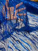 Wavy Design Beaded Fabric - Royal Blue - Beaded Wavy Leaf Embroidered Fabric By Yard