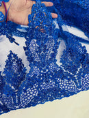 Heavy Bead Floral Fabric - Royal Blue - Beaded Flower Design Fabric Fancy Border By Yard