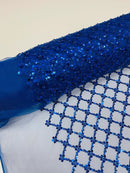 Beaded Diamond Net Fabric - Royal Blue - Embroidered Geometric Beaded Sequins Fabric Sold By Yard