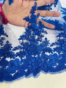 Corded Floral 3D Fabric - Royal Blue - Embroidered Floral Design on Lace Mesh Fabric by Yard