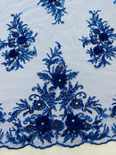 3D Floral Rhinestone Fabric - Royal Blue - Beaded Flower Clusters with Rhinestones and Sequins By Yard
