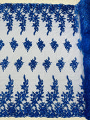 Beaded Rose Flower Fabric - Royal Blue - Embroidered Beaded Long Border Floral Fabric By Yard