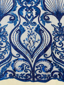 Damask Leaf Bead Fabric - Royal Blue - Heavy Beaded Embroidered Sequins Lace Fabric by Yard