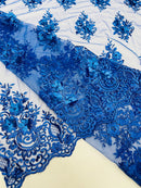 3D Fancy Floral Design Fabric - Royal Blue - 3D Flower Fabric with Small Beads on Lace Sold By Yard