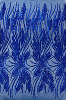 Wavy Leaf Sequins Fabric - Royal Blue - Wavy Lines and Leaves Design on Lace Mesh Fabric by Yard