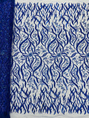 Wavy Leaf / Floral Bead Fabric - Royal Blue - Beaded Rhinestone Embroidered on a Mesh By Yard