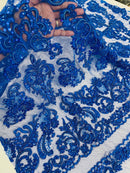 Beaded My Lady Damask Design - Royal Blue - Beaded Fancy Damask Embroidered Fabric By Yard