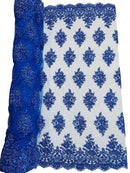 Heavy Beaded Floral Fabric - Royal Blue - Luxury Heavy Duty Bead Bridal Floral Cluster Lace Fabric by the yard