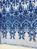 Damask Bead Fabric - Royal Blue - Embroidered Glamorous Fabric with Round Beads Sold By Yard