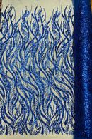 Floral Beaded Wavy Fabric - Royal Blue - Beaded Sequins Wavy Embroidered Fabric Sold By Yard