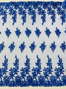 Beaded Rose Flower Fabric - Royal Blue - Embroidered Beaded Long Border Floral Fabric By Yard