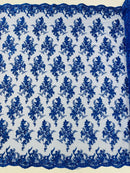 Beaded Flower Sequins Fabric - Royal Blue - Embroidered Beaded Floral Clusters Sequins Fabric By Yard