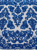 Beaded My Lady Damask Design - Royal Blue - Beaded Fancy Damask Embroidered Fabric By Yard
