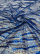 Wavy Design Beaded Fabric - Royal Blue - Beaded Wavy Leaf Embroidered Fabric By Yard