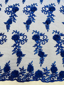 3D Flower Cluster Fabric - Royal Blue - 3D Flower Leaf Design Fabric with Pearls Sold By Yard