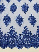 Heavy Beaded Floral Fabric - Royal Blue - Luxury Heavy Duty Bead Bridal Floral Cluster Lace Fabric by the yard