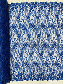Small Flower Bead Fabric - Royal Blue - Beaded Flower Fabric with Curled Lines Design By Yard