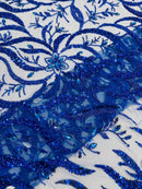 Wavy Leaf / Floral Bead Fabric - Royal Blue - Beaded Rhinestone Embroidered on a Mesh By Yard