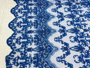 Damask Bead Fabric - Royal Blue - Embroidered Glamorous Fabric with Round Beads Sold By Yard