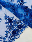3D Floral Rhinestone Fabric - Royal Blue - Beaded Flower Clusters with Rhinestones and Sequins By Yard