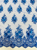 3D Fancy Floral Design Fabric - Royal Blue - 3D Flower Fabric with Small Beads on Lace Sold By Yard