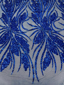 Wavy Leaf Sequins Fabric - Royal Blue - Wavy Lines and Leaves Design on Lace Mesh Fabric by Yard