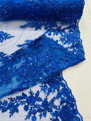 Beaded Rose Flower Fabric - Royal Blue - Embroidered Beaded Long Border Floral Fabric By Yard