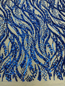 Floral Beaded Wavy Fabric - Royal Blue - Beaded Sequins Wavy Embroidered Fabric Sold By Yard