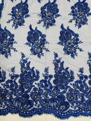 Rhinestone Beaded Fabric - Royal Blue - Beaded Floral Rhinestone Design with Fancy Border Sold By Yard