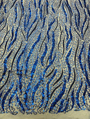 Wavy Design Beaded Fabric - Royal Blue - Beaded Wavy Leaf Embroidered Fabric By Yard