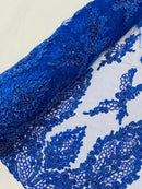 Heavy Bead Floral Fabric - Royal Blue - Beaded Flower Design Fabric Fancy Border By Yard