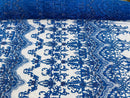 Damask Bead Fabric - Royal Blue - Embroidered Glamorous Fabric with Round Beads Sold By Yard