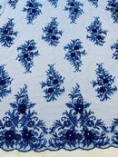 3D Floral Rhinestone Fabric - Royal Blue - Beaded Flower Clusters with Rhinestones and Sequins By Yard