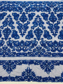 Beaded My Lady Damask Design - Royal Blue - Beaded Fancy Damask Embroidered Fabric By Yard
