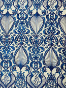 Damask Leaf Bead Fabric - Royal Blue - Heavy Beaded Embroidered Sequins Lace Fabric by Yard