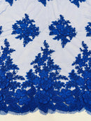 Corded Floral 3D Fabric - Royal Blue - Embroidered Floral Design on Lace Mesh Fabric by Yard