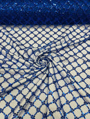 Beaded Diamond Net Fabric - Royal Blue - Embroidered Geometric Beaded Sequins Fabric Sold By Yard