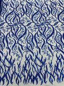 Wavy Leaf / Floral Bead Fabric - Royal Blue - Beaded Rhinestone Embroidered on a Mesh By Yard