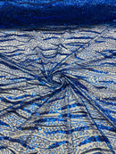 Wavy Design Beaded Fabric - Royal Blue - Beaded Wavy Leaf Embroidered Fabric By Yard