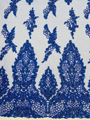 Heavy Bead Floral Fabric - Royal Blue - Beaded Flower Design Fabric Fancy Border By Yard