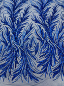 Leaf Design Stretch Sequins - Royal Blue - 4 Way Stretch Lace Mesh Sequins Fabric by Yard