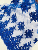 Corded Floral 3D Fabric - Royal Blue - Embroidered Floral Design on Lace Mesh Fabric by Yard
