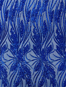Wavy Leaf Sequins Fabric - Royal Blue - Wavy Lines and Leaves Design on Lace Mesh Fabric by Yard