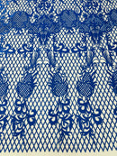 Damask on Net Lace Fabric - Royal Blue - Embroidered Lace Mesh Damask Design Fabric by Yard