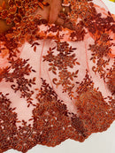 Floral Lace Fabric - Rust - Metallic Floral Design on Lace Mesh Fabric By Yard