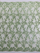 Metallic Thread Leaf Design - Sage Green - Embroidered Leaf With Sequins Design on Mesh Lace Fabric by the Yard