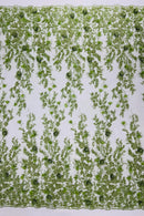 3D Flower Rhinestone Design - Sage Green - Embroidered Flower Sequins Lace Fabric By Yard